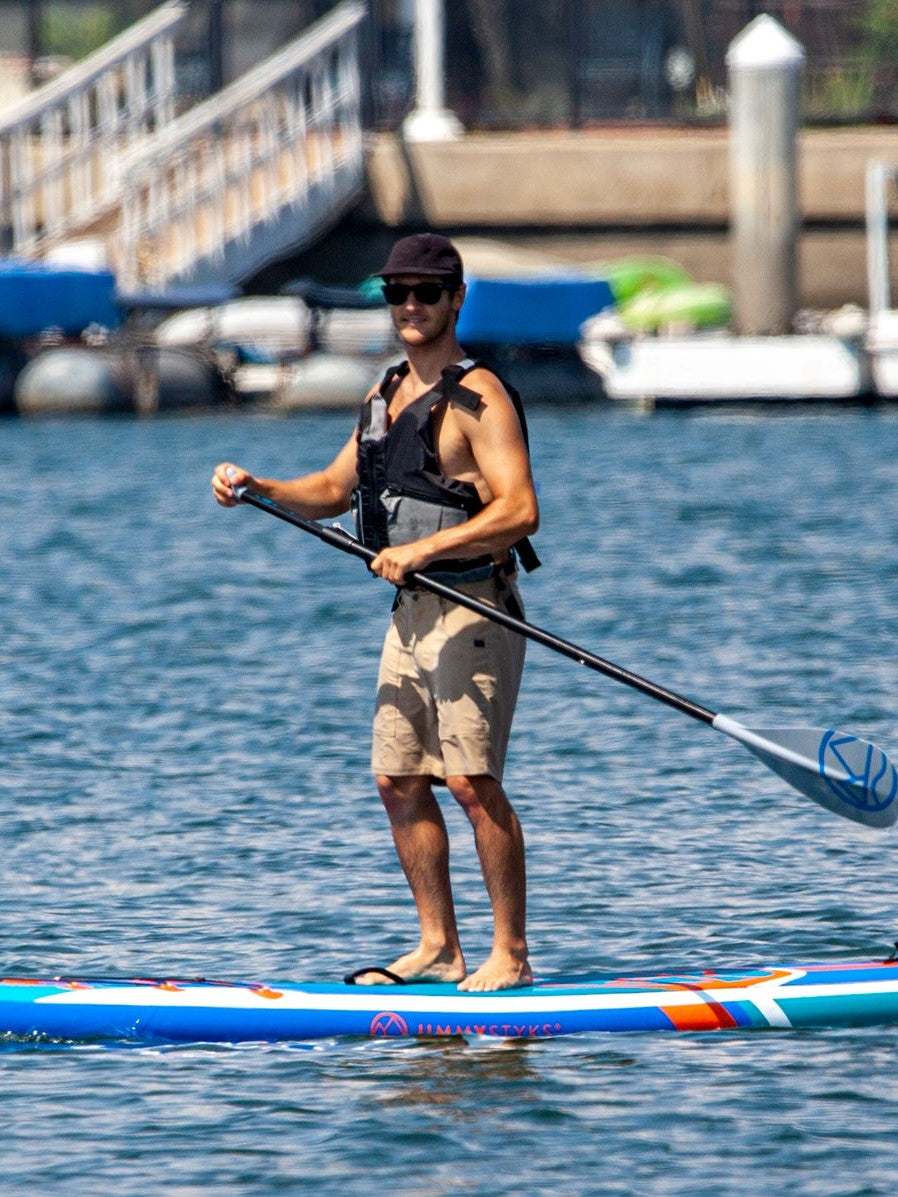 A man wearing glass is paddling with Inflatable Stand Up Paddle Board 