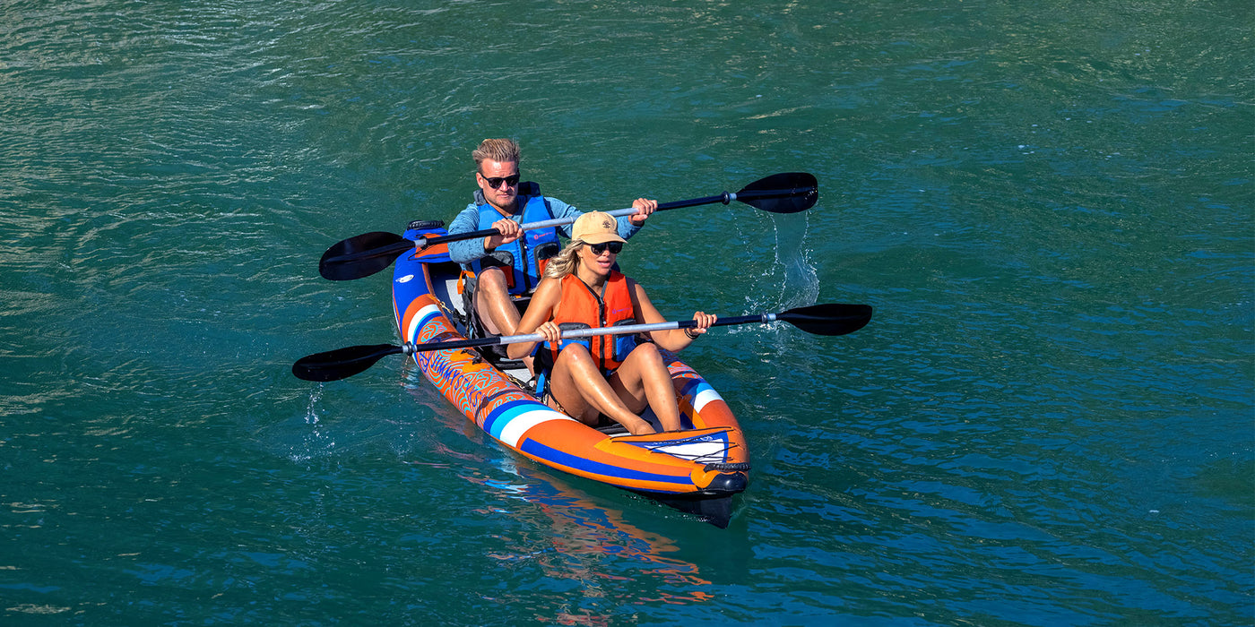 two people is kayaking with inflatable kayak 2 person